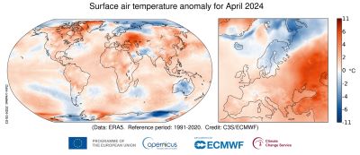 COPERNICUS Surface air temperature anomaly for April 2024