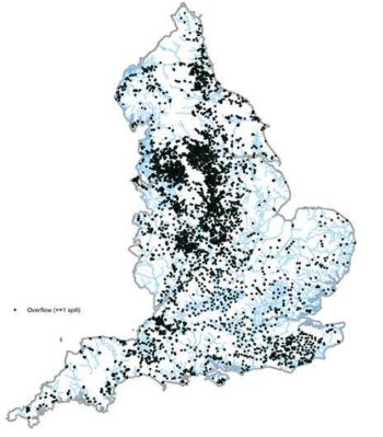 Image source Defra - Map of storm overflows operating more than zero times in England
