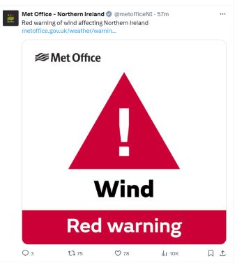 MET OFFICE N IRELAND RED WEATHER WARNING STORM EOWYN