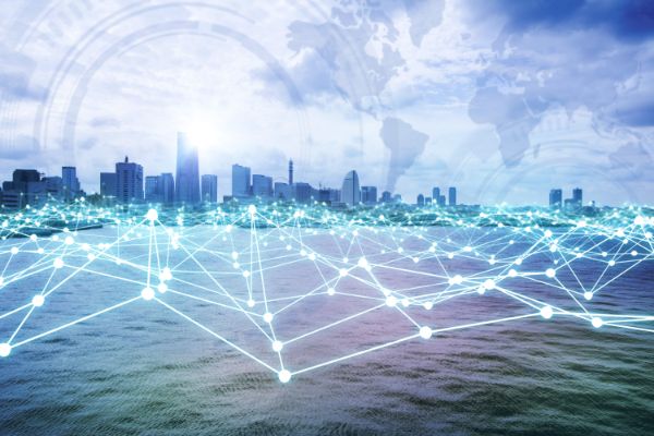 modern city skyline and mesh network 1